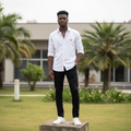 Nigerian male model full body wearing men's white red heart embroidered long-sleeve shirt