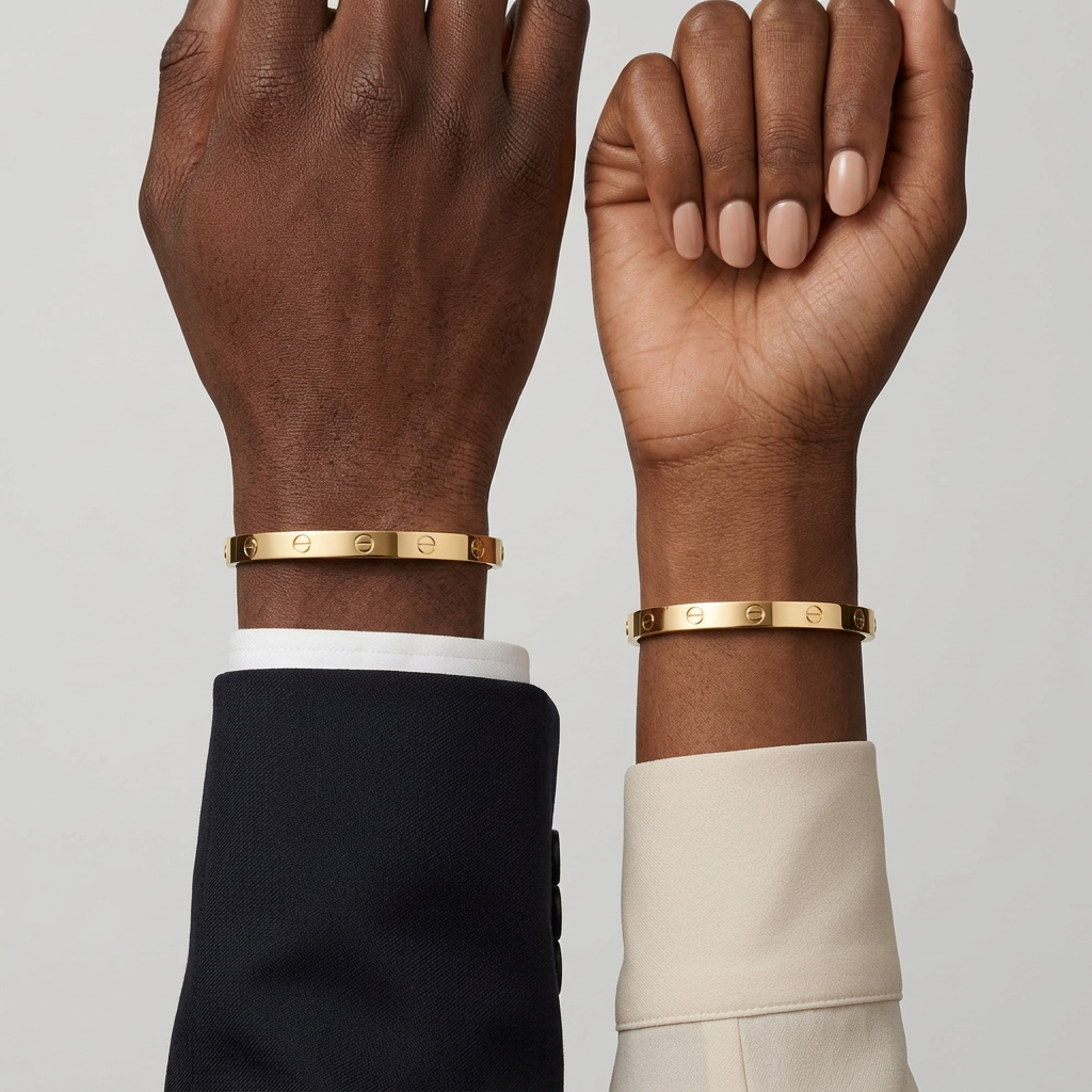 Unisex styling of gold-tone Love bracelet on male and female wrists
