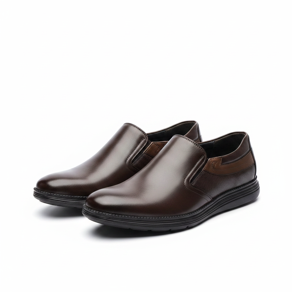 Men's dark brown smooth leather slip-on dress loafers pair product shot