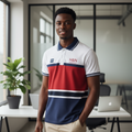 White Red Navy Colour Block Polo Shirt on Nigerian male model