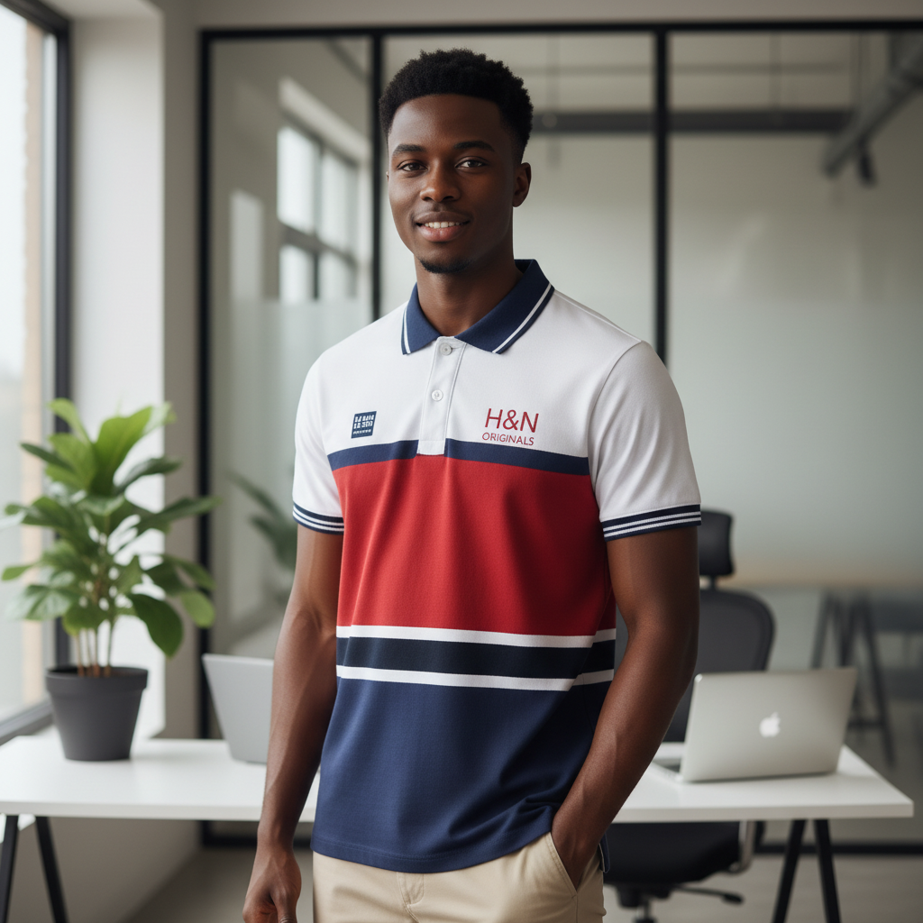 White Red Navy Colour Block Polo Shirt on Nigerian male model