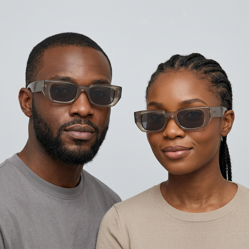Taupe-grey rectangular glasses shown on two Black adult models