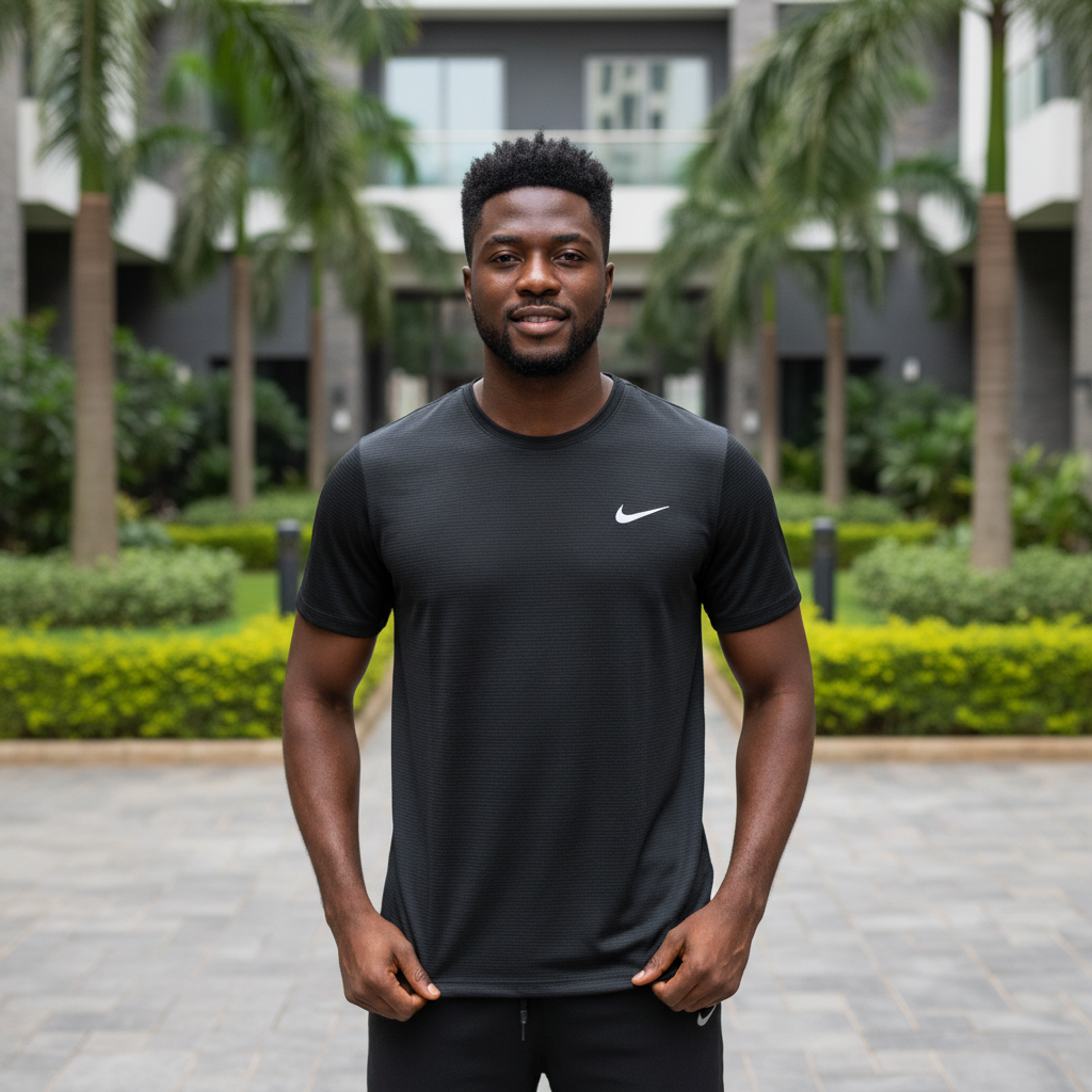 Nigerian male model wearing black heathered athletic performance tee