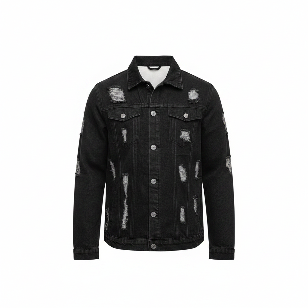 Black Ripped Denim Jacket – Front Ghost Mannequin