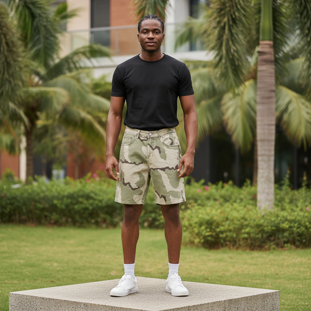 Men's Camo Denim Shorts – Nigerian Male Model Shot