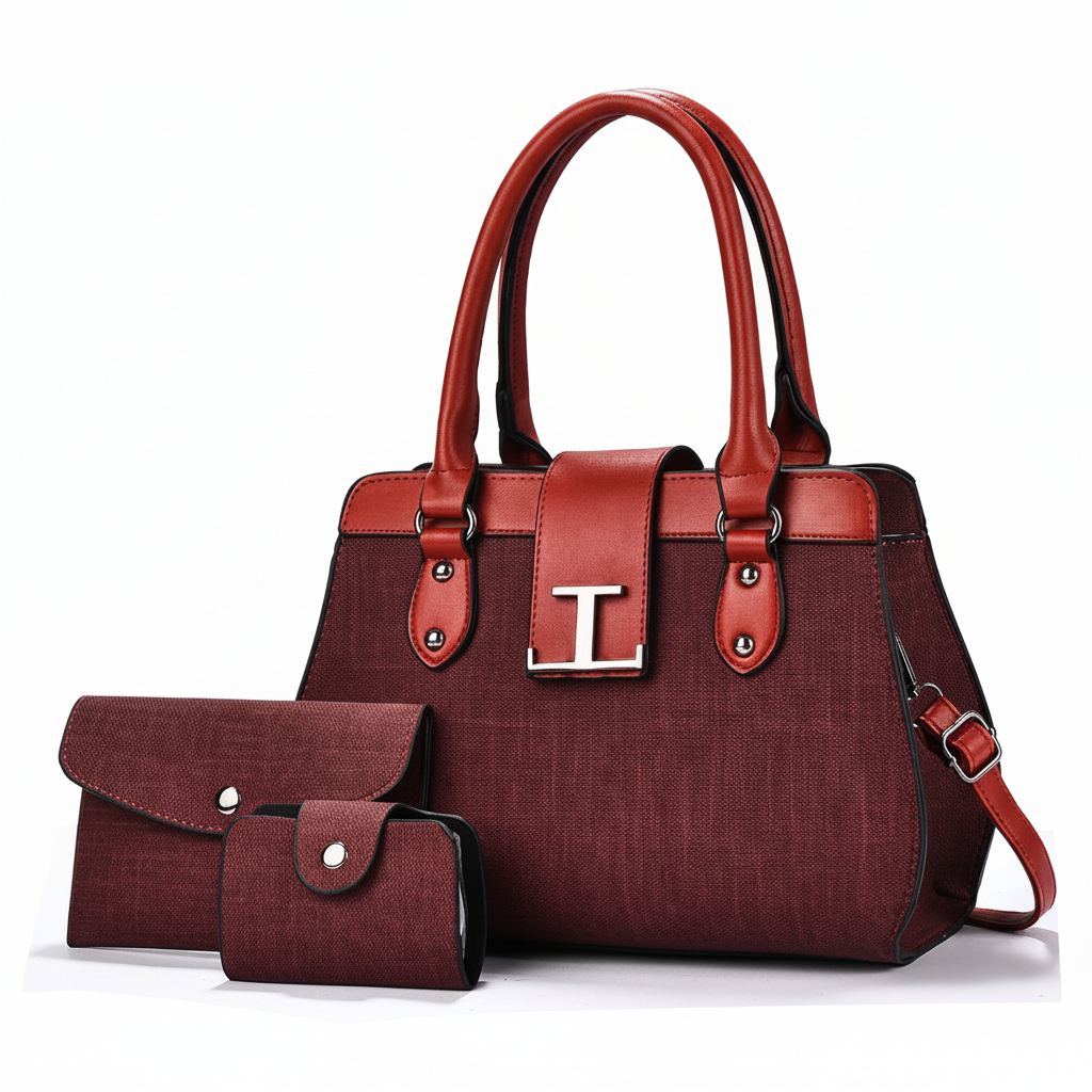 Wine red structured tote bag set with clutch and card holder on white background