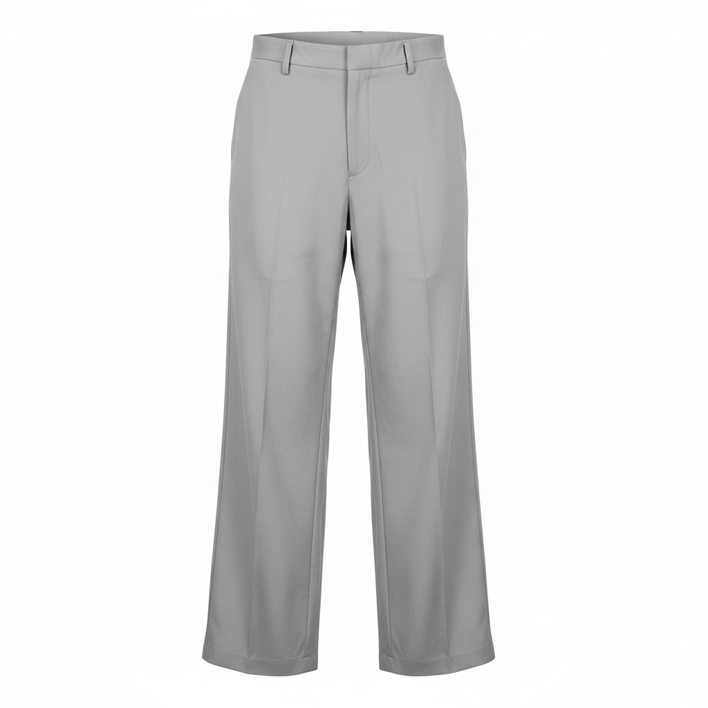 Grey wide-leg trousers on ghost mannequin, white background