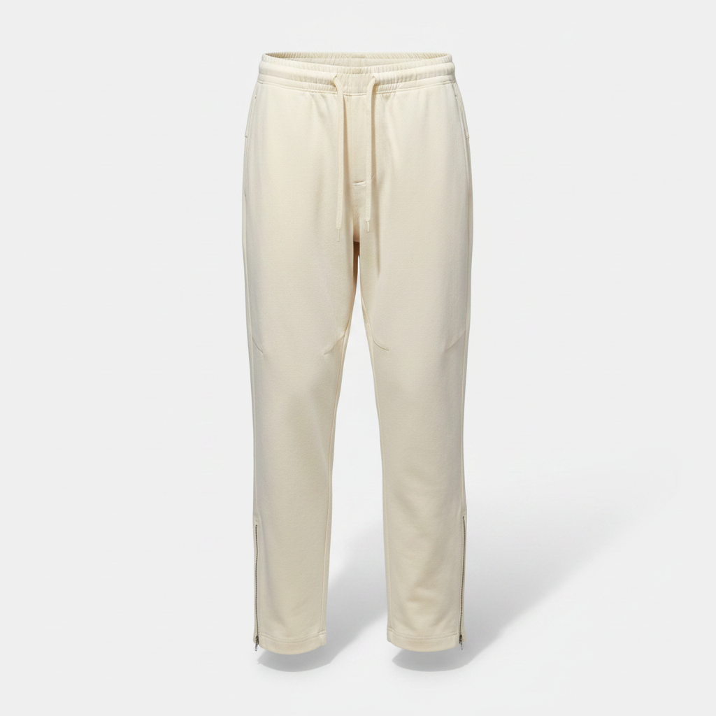 Cream relaxed tapered zip-ankle jogger trousers ghost mannequin front view