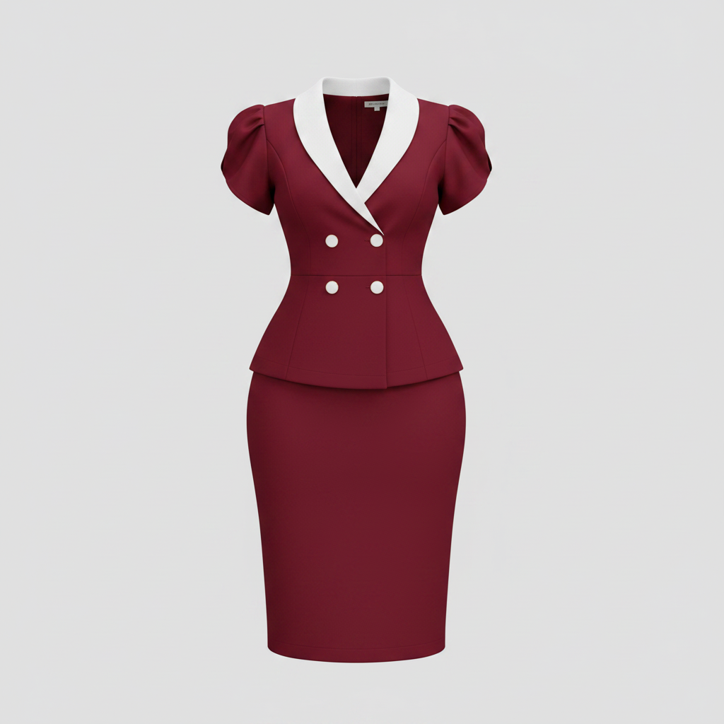 Ghost mannequin view of the burgundy peplum skirt suit with white collar