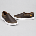 Men's dark brown textile toe slip-on sneakers, front and side view