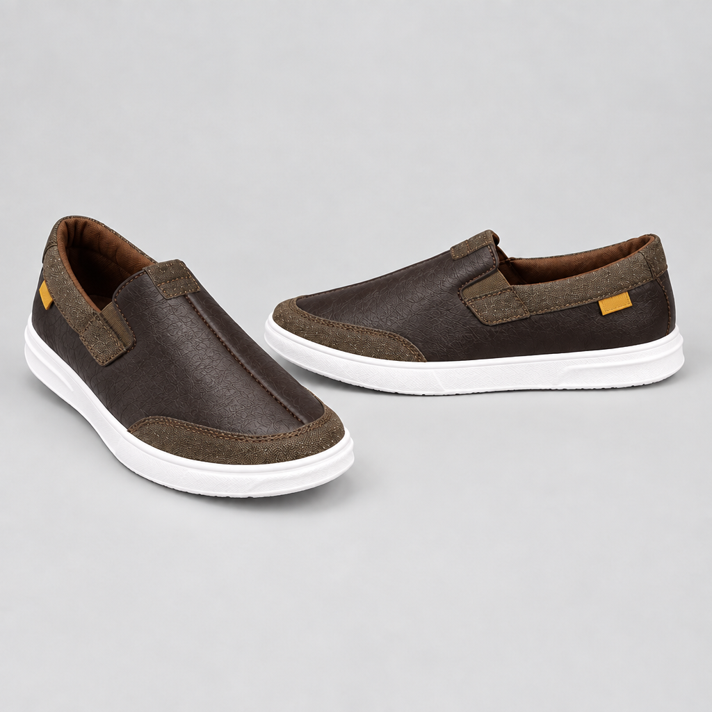 Men's dark brown textile toe slip-on sneakers, front and side view