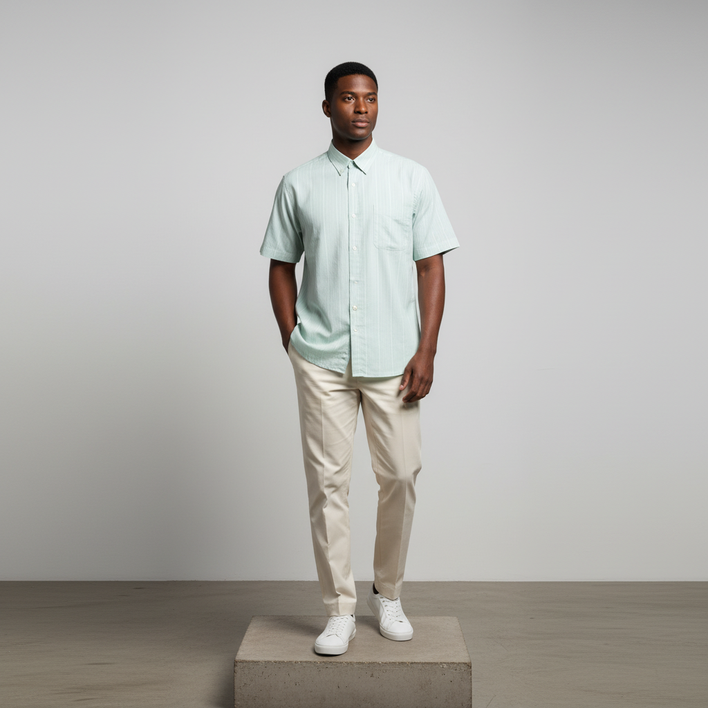 Mint Green Pinstripe Short-Sleeved Shirt - Model Shot