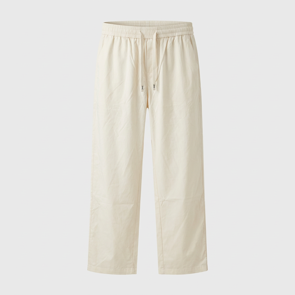 Cream drawstring straight-leg trousers, ghost mannequin front view