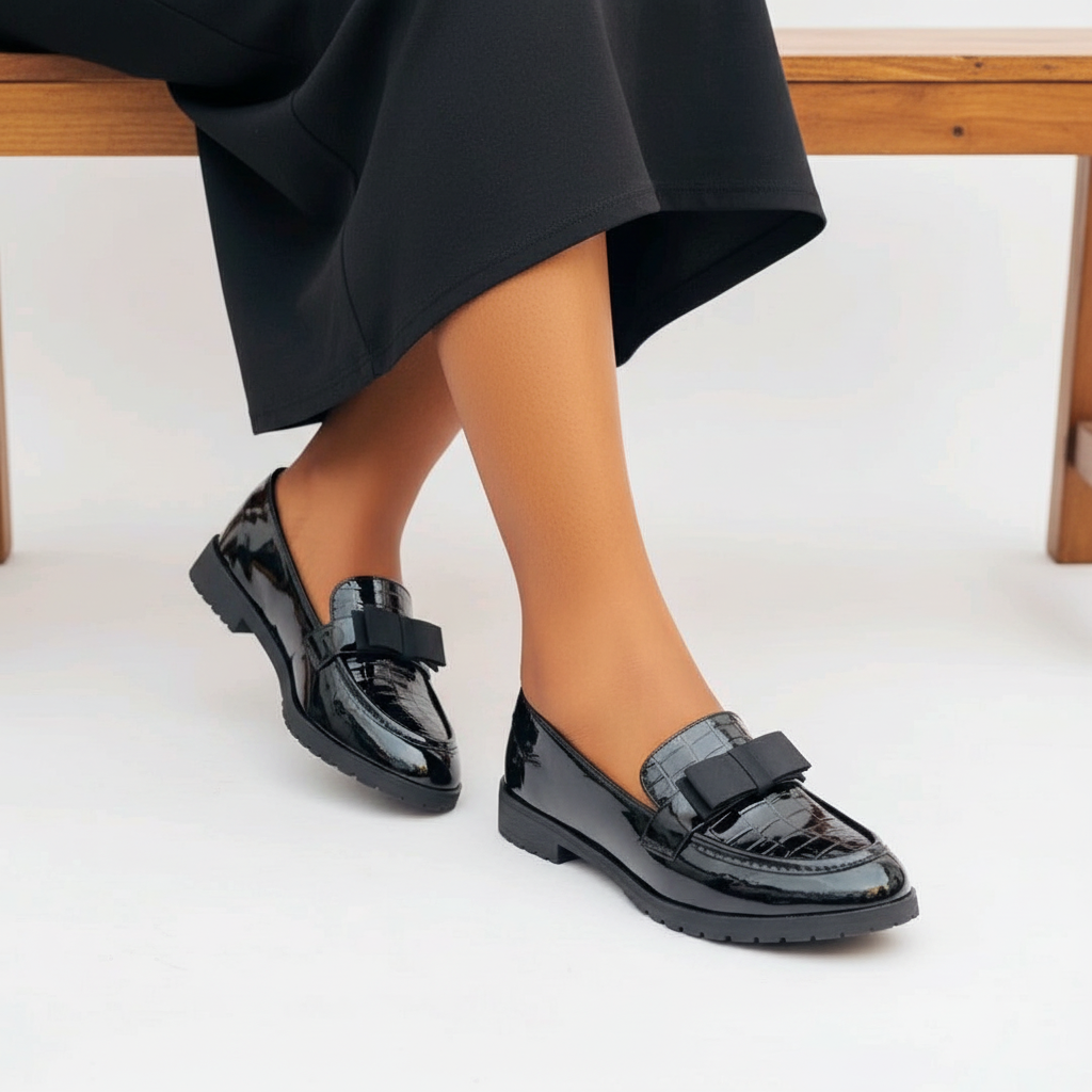Close-up of Nigerian female legs in black midi skirt wearing black croc-embossed patent loafers with bow detail
