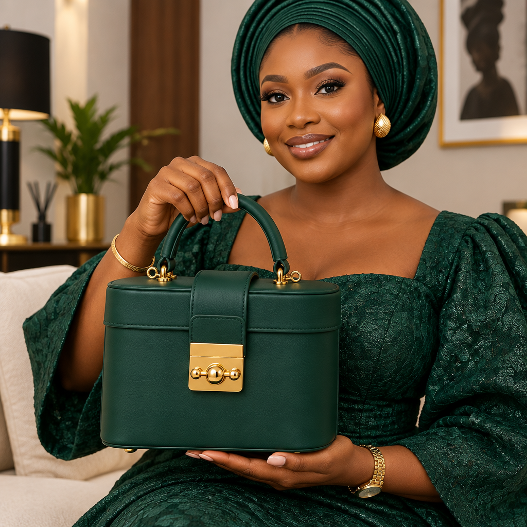 Nigerian woman holding forest green gold-clasp top-handle bag