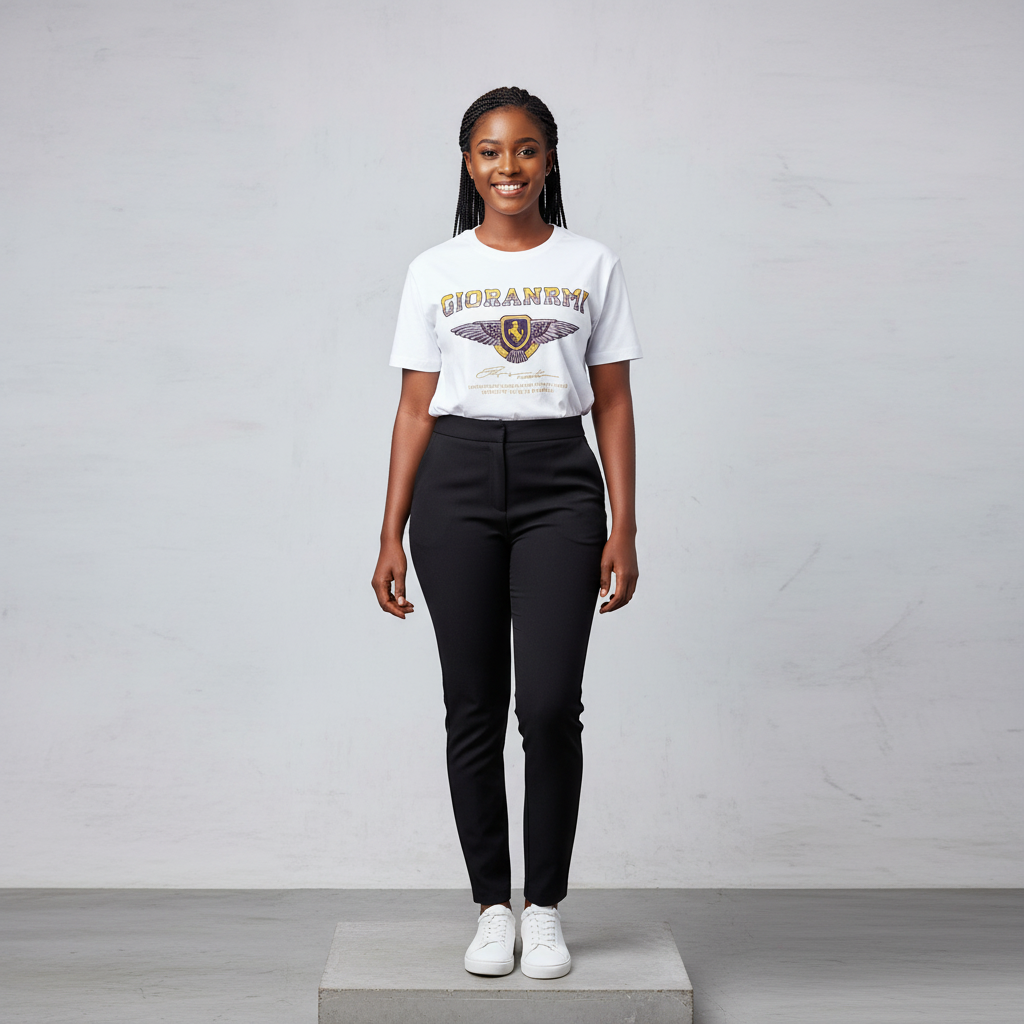 Nigerian female model front view wearing white winged shield crest collegiate T-shirt
