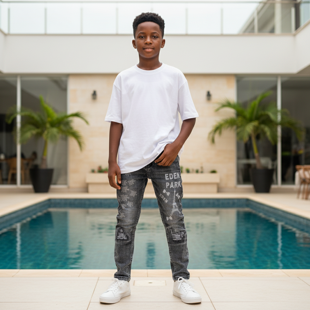 Boys Eden Park graphic denim jeans in dark grey worn by young model
