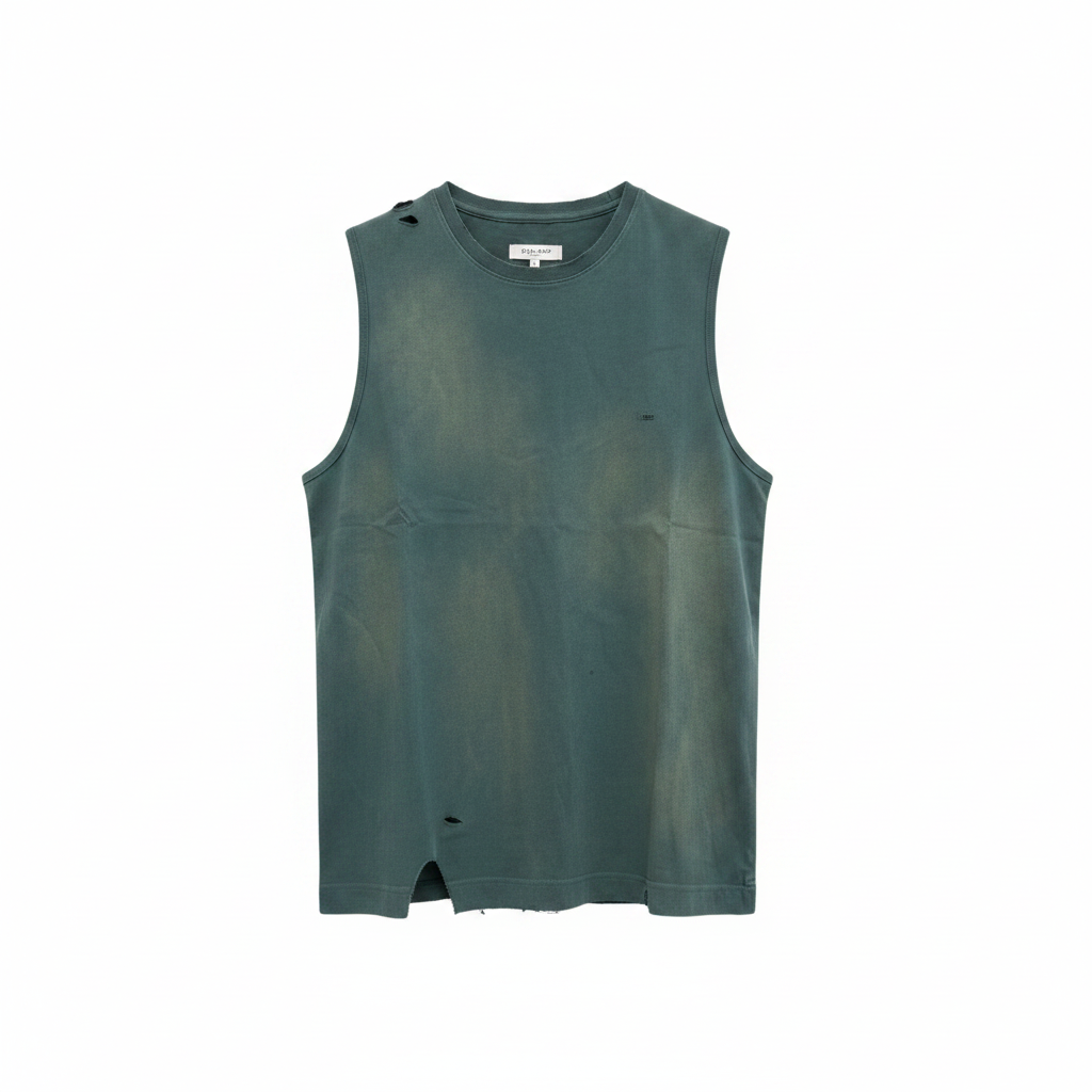 Men's washed teal distressed oversized sleeveless vest – ghost mannequin front view