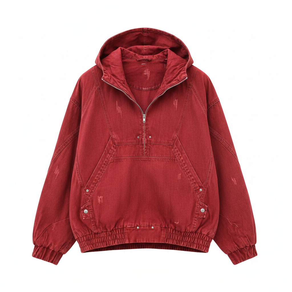 Men's Red Washed Denim Oversized Hooded Jacket – Ghost Mannequin Front View