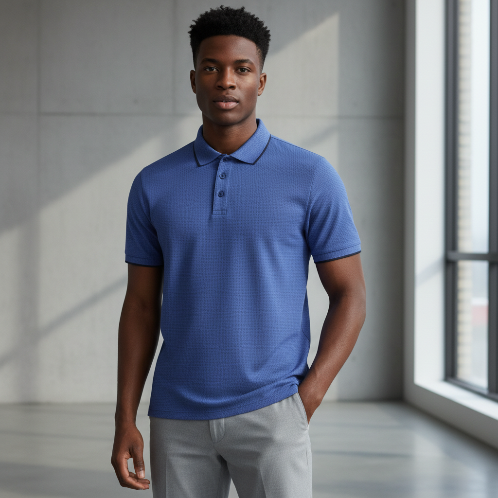 Young Nigerian male model wearing royal blue textured jacquard polo shirt
