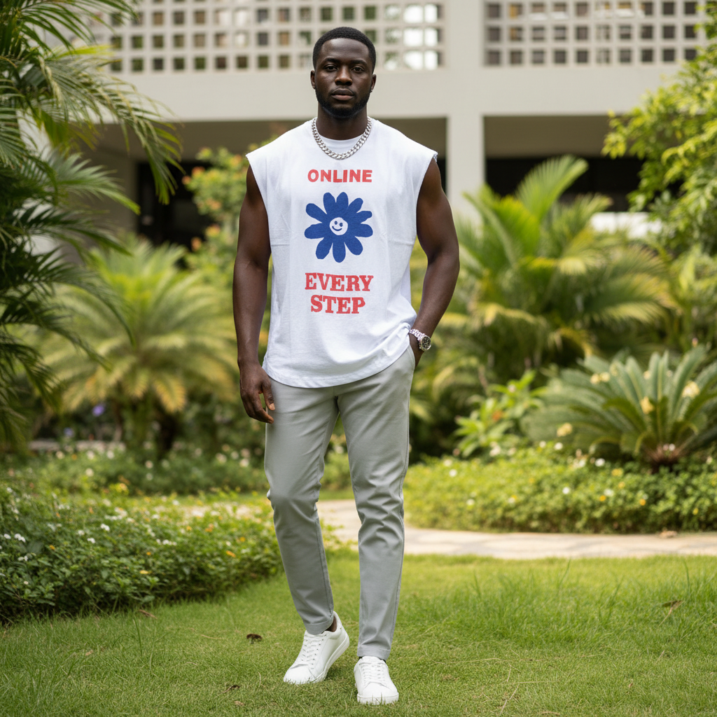 Nigerian male model wearing white Online Every Step graphic sleeveless vest outdoors