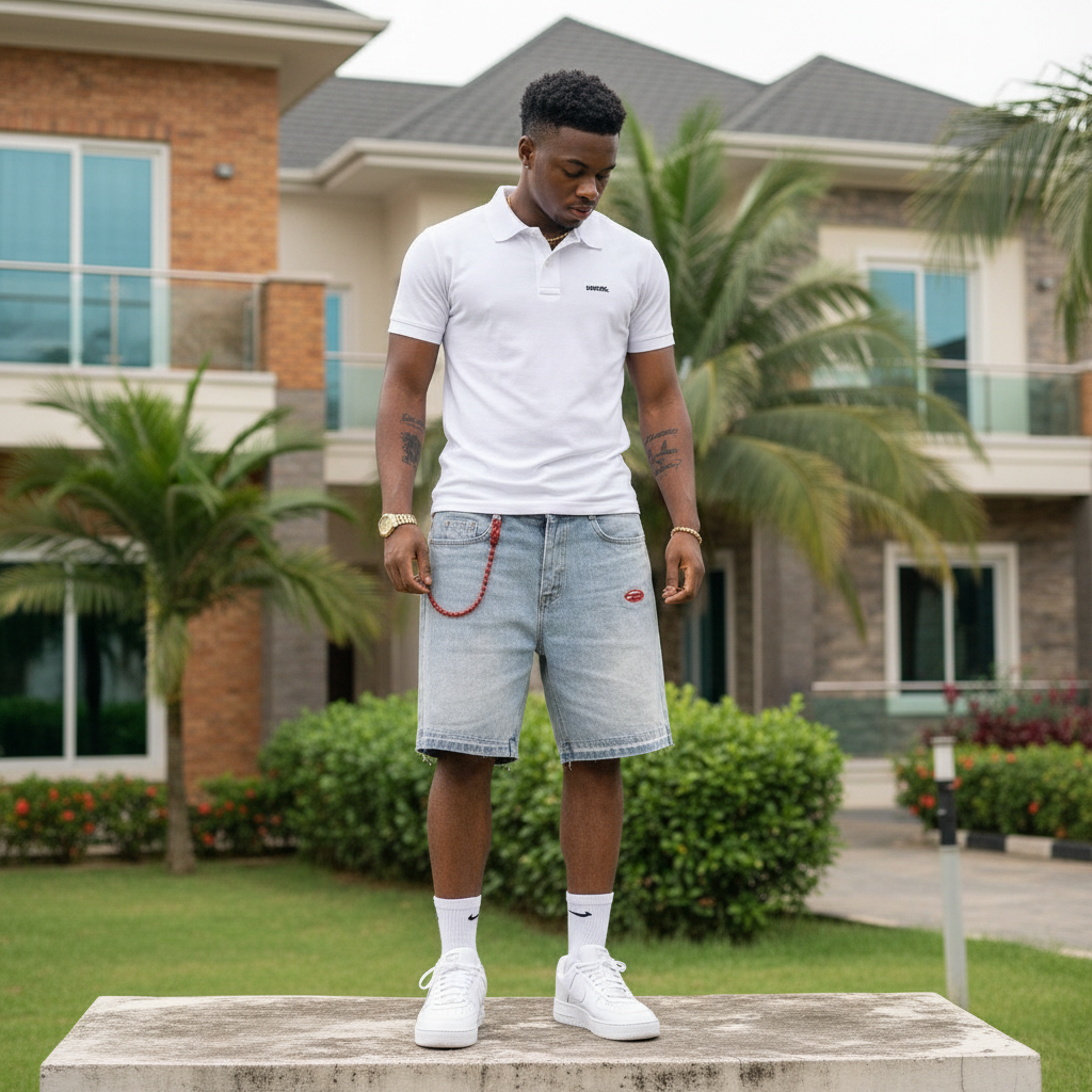 Nigerian male model wearing men's light blue washed red beaded chain logo patch raw hem denim shorts streetwear style