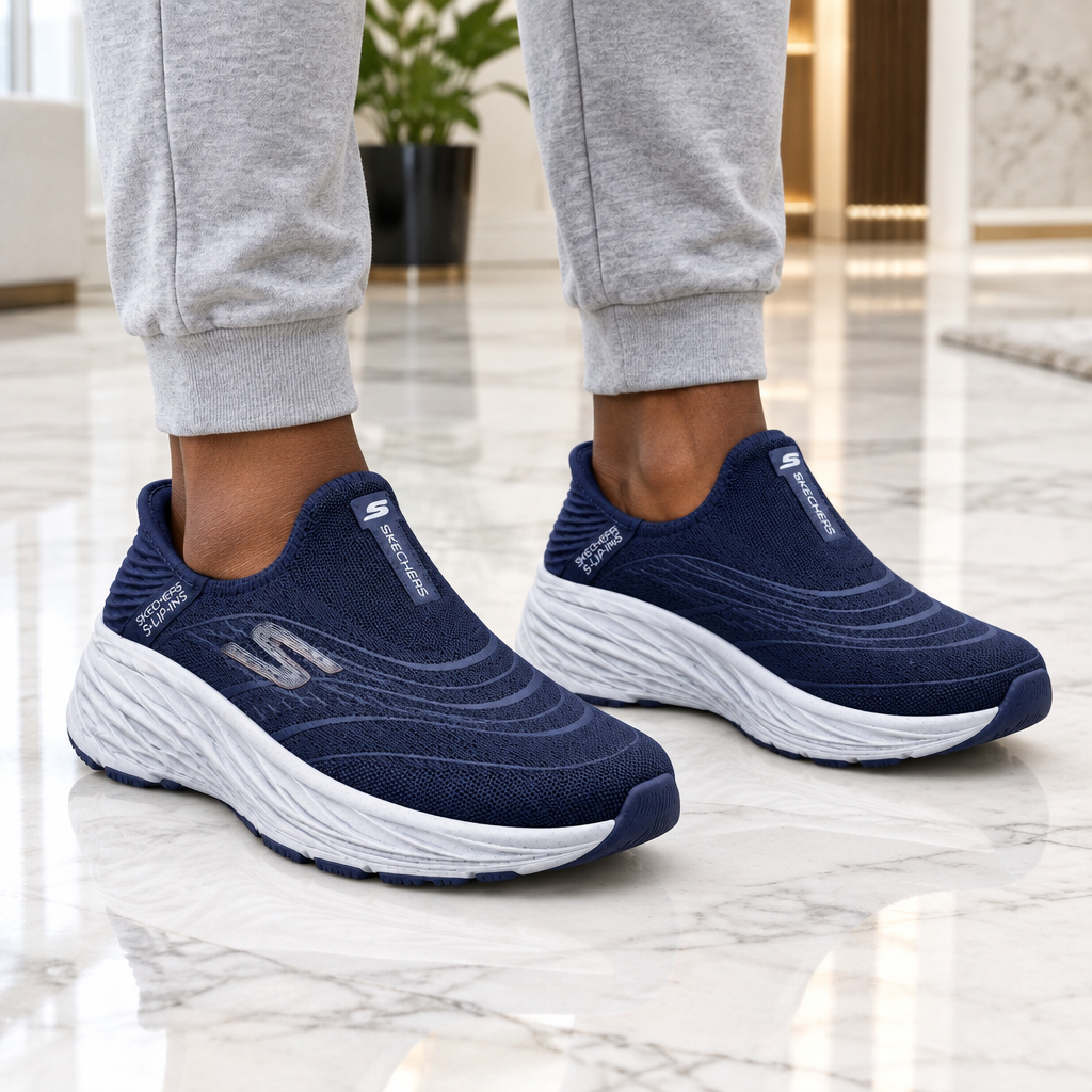 Man wearing navy knit slip-on walking sneakers