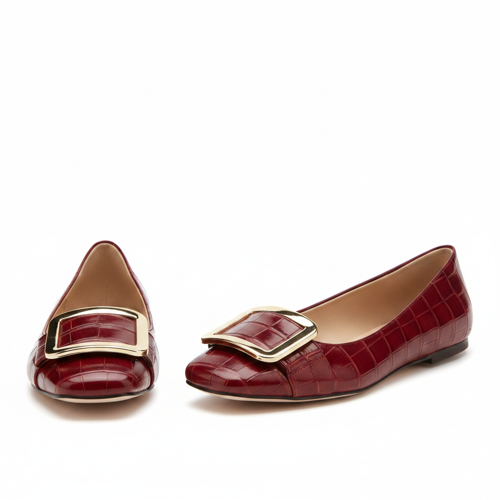 Women's wine red croc-embossed square-toe bold buckle ballet flat - ghost mannequin pair view