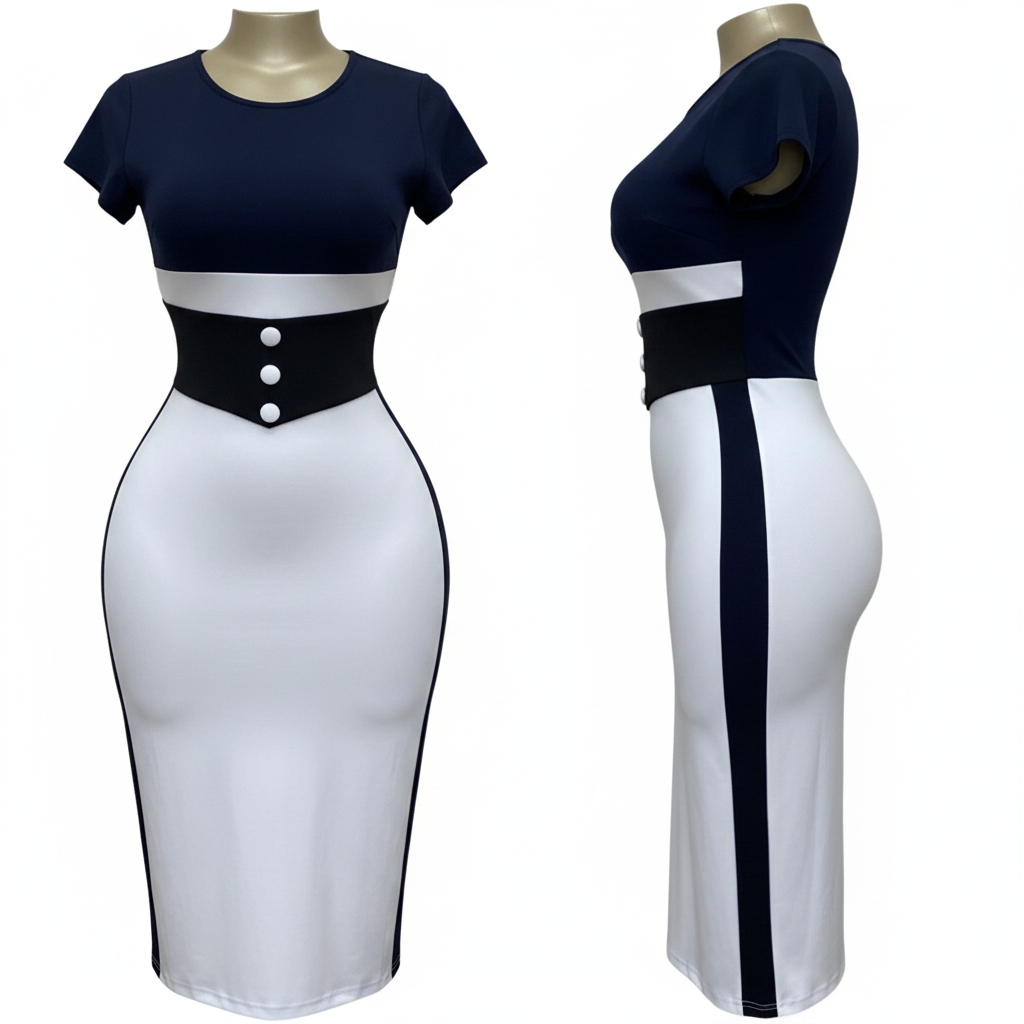 Women's Navy & White Colour Block Corset Waist Midi Dress – Ghost Mannequin Front and Side View