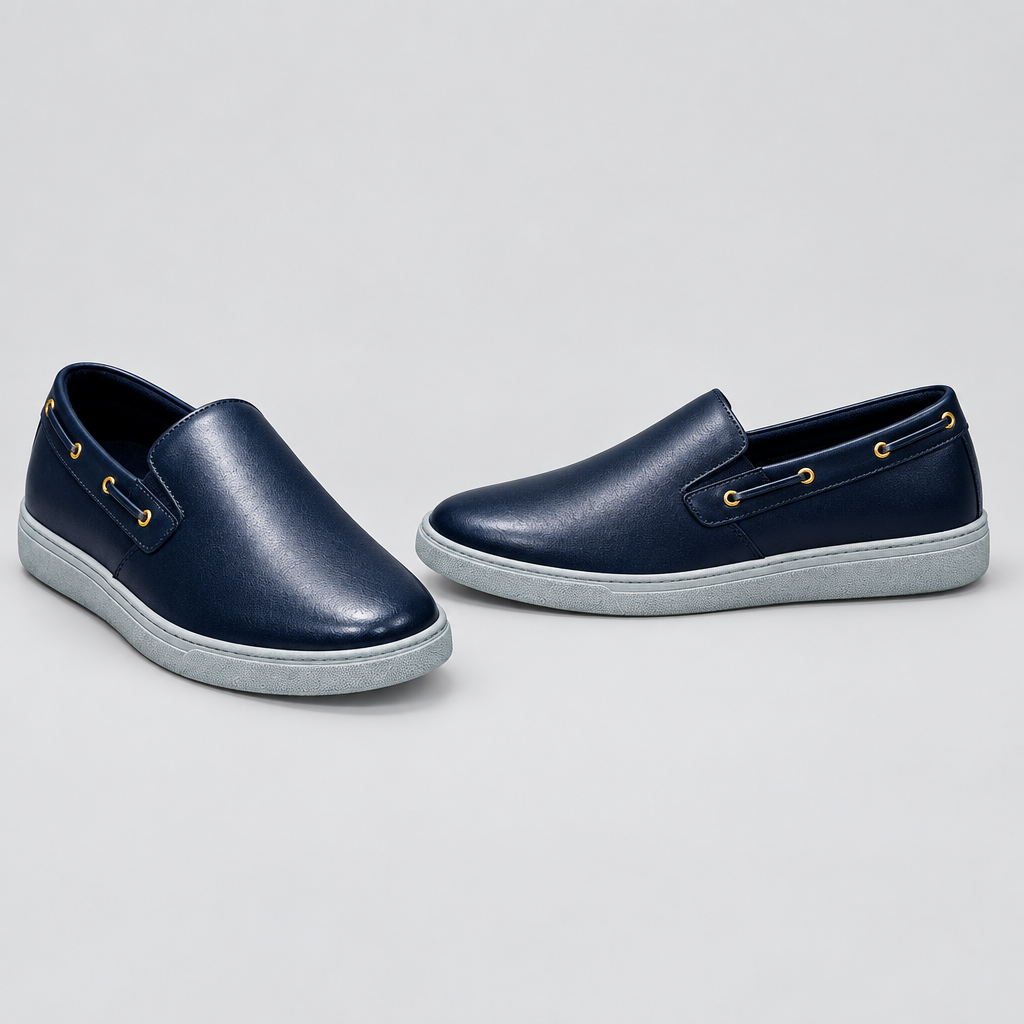 Men's navy blue boat eyelet slip-on sneakers, front and side view