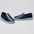 Men's navy blue boat eyelet slip-on sneakers, front and side view