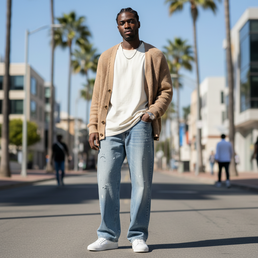Nigerian model wearing Light Blue Washed Wide-Leg Paint Splatter Distressed Sad Face Graphic Jeans