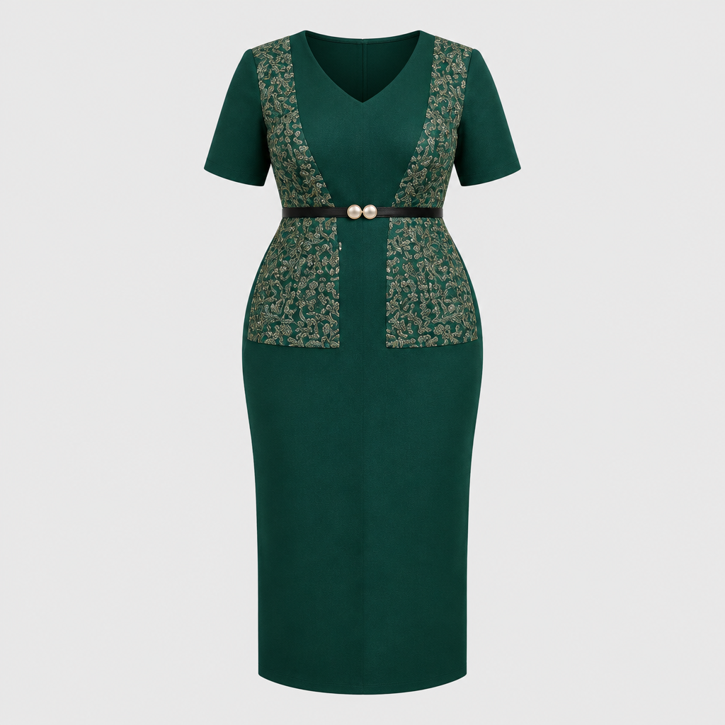 Deep green patterned panel midi dress
