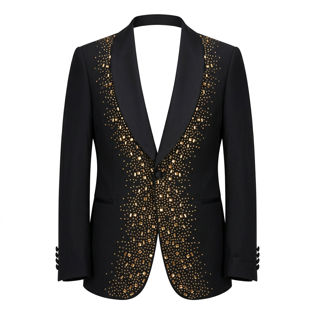 Black formal jacket with gold-toned embellishment and shawl lapels on an invisible mannequin