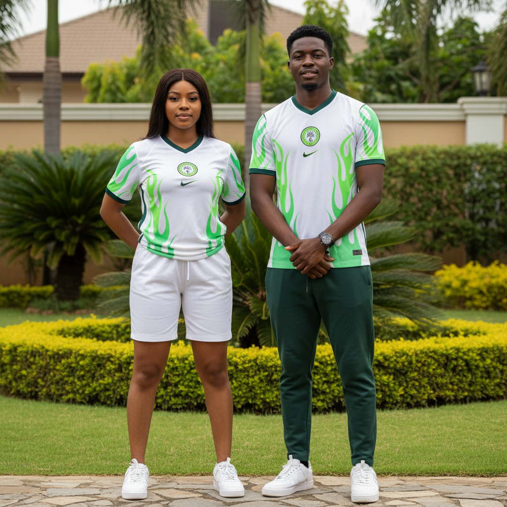 Nigerian female and male models wearing white neon green flame V-neck football jersey with NFF crest badge