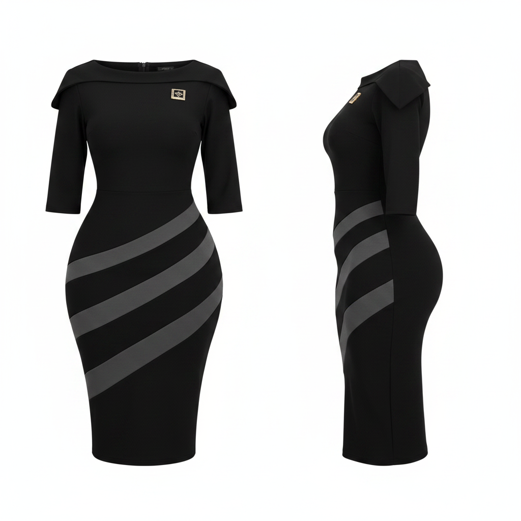 Women's Black & Grey Stripe Bodycon Midi Dress – Ghost Mannequin Front and Side View