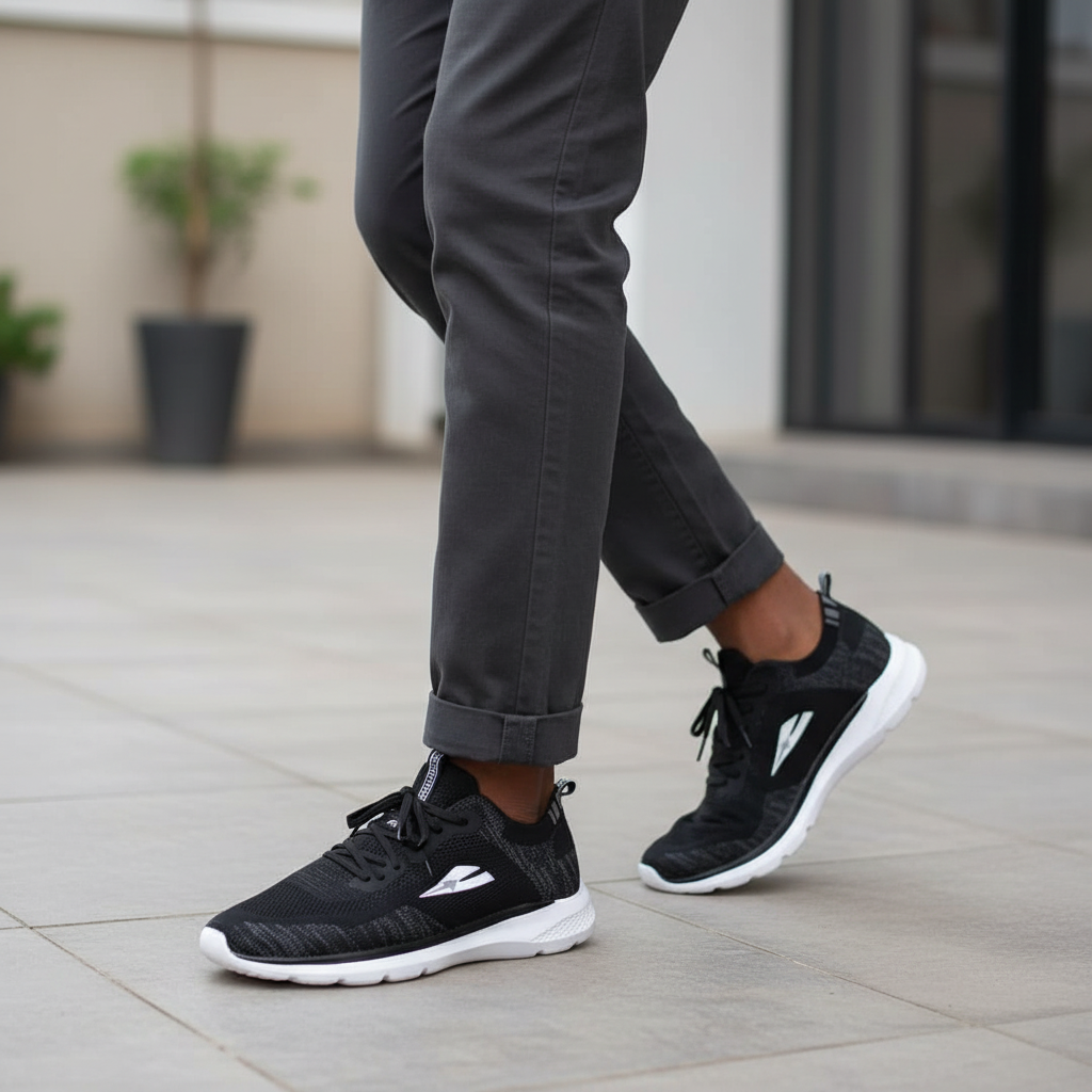 Nigerian male model wearing black knit performance runner sneakers, Gen Z street style leg shot