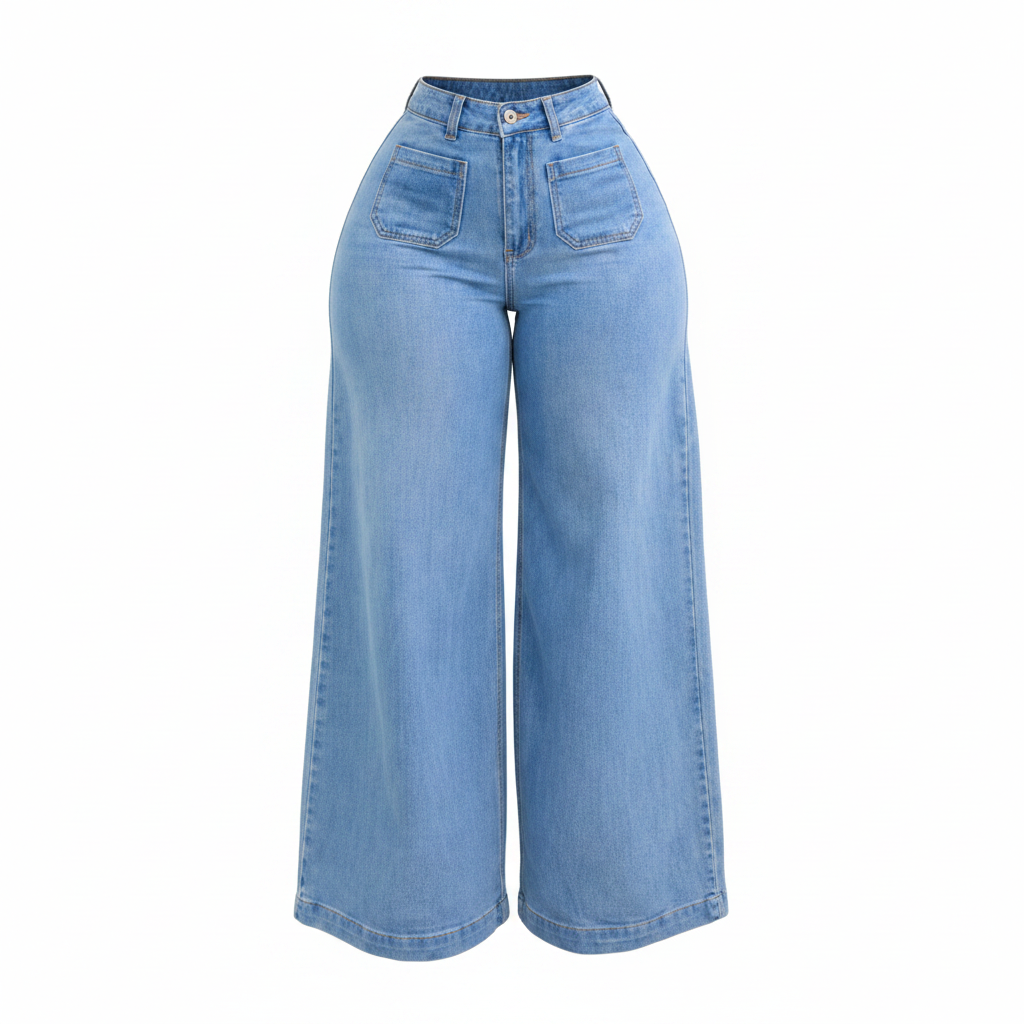 Women's light blue high-waist wide-leg denim jeans on ghost mannequin, white background