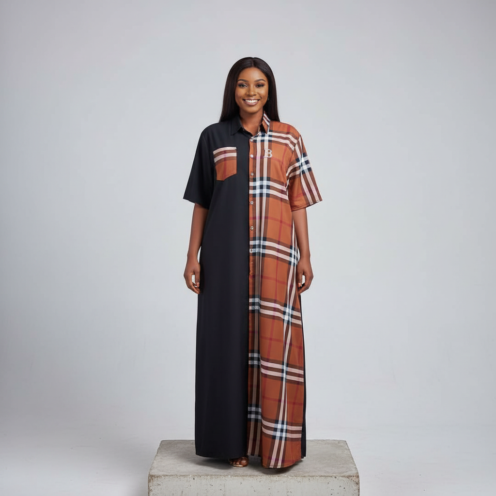 Black & Brown Tartan Colorblock Maxi Shirt Dress - Model Front View