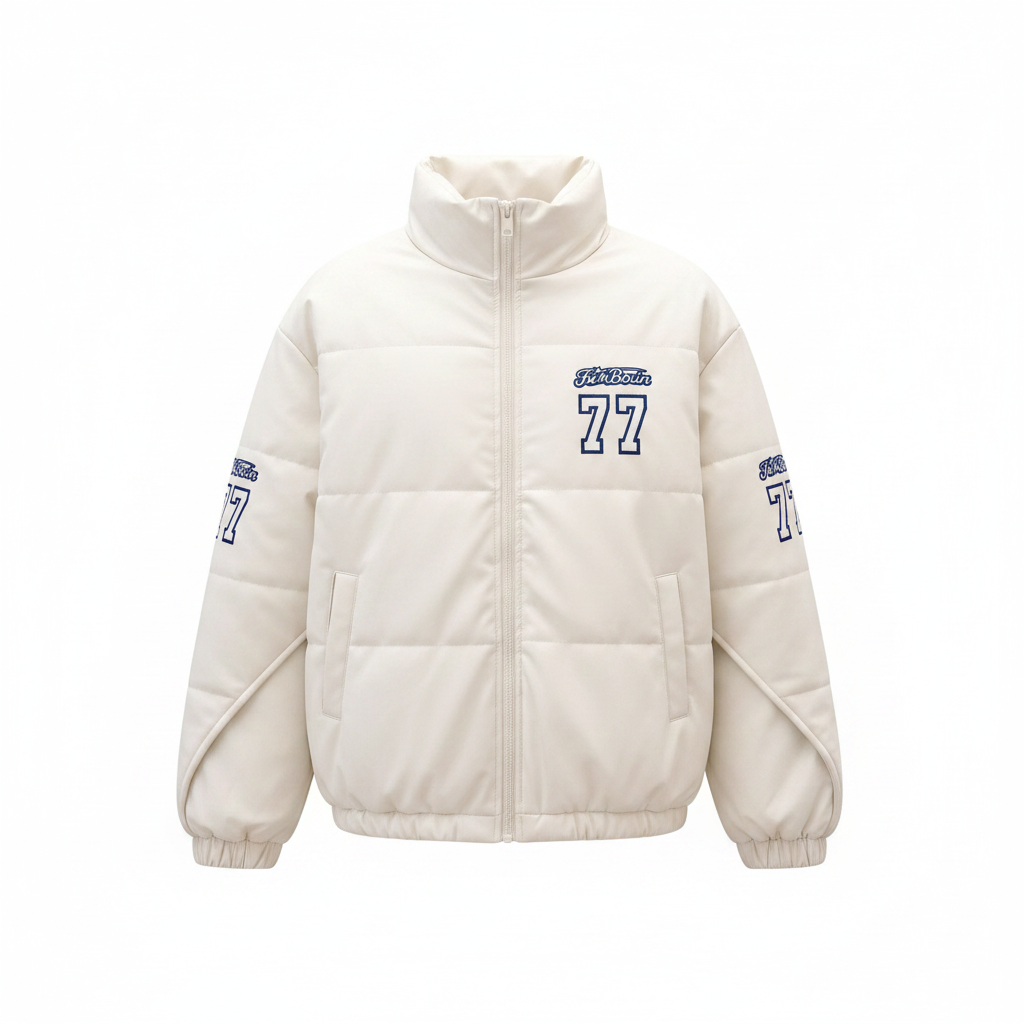 Men's Cream Faux Leather Varsity Padded Puffer Jacket – Ghost Mannequin Front View