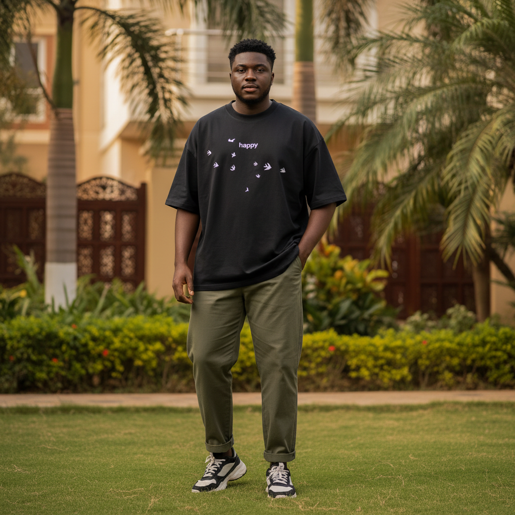 Men's Black Oversized Happy Bird Graphic Tee – Nigerian Male Model Shot