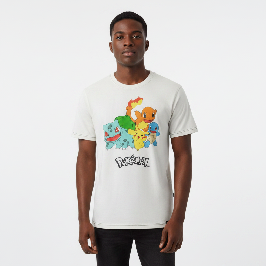 Young Nigerian male wearing vintage cream Pokémon starter squad graphic crew neck tee