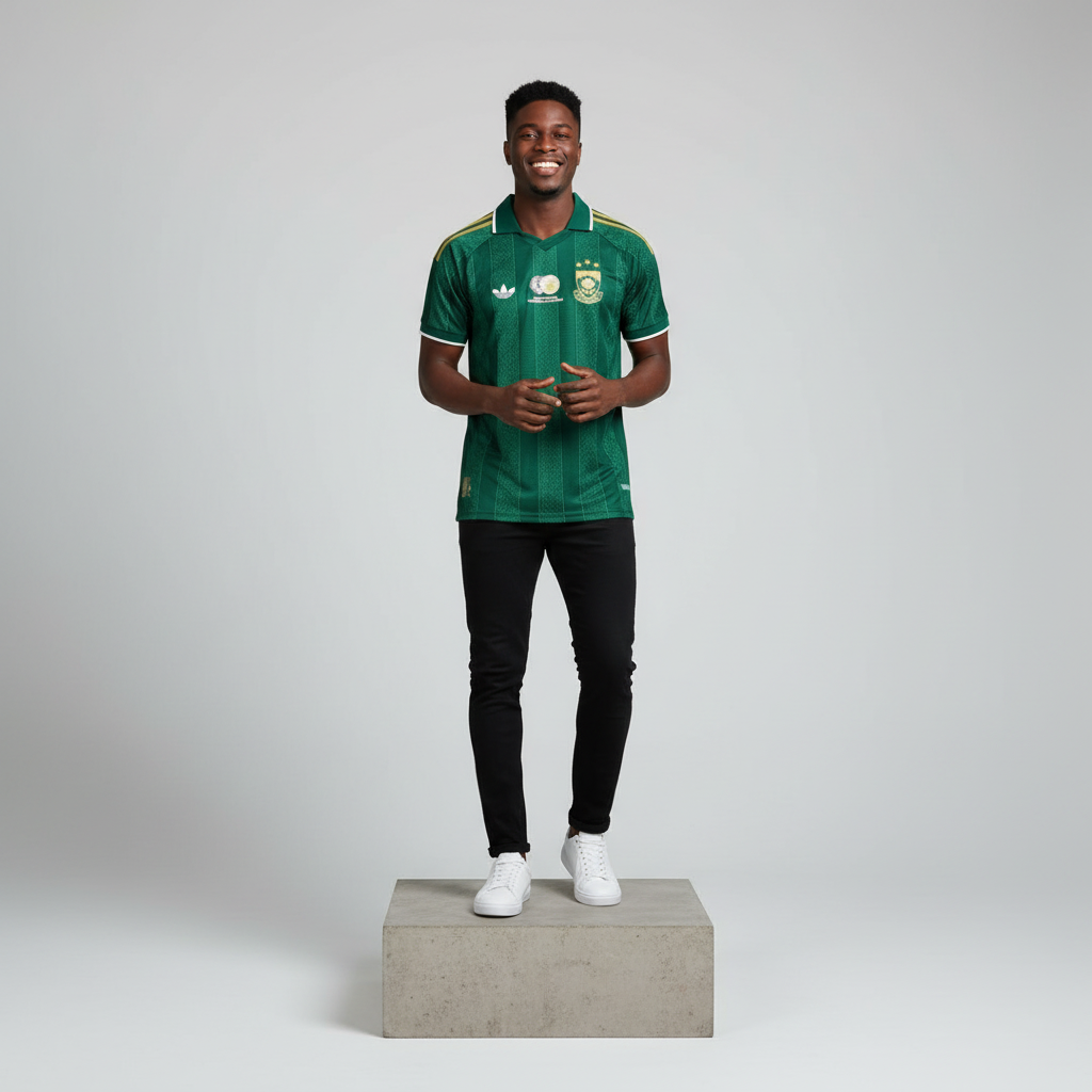 Nigerian male model wearing dark green gold jacquard football jersey on concrete plinth