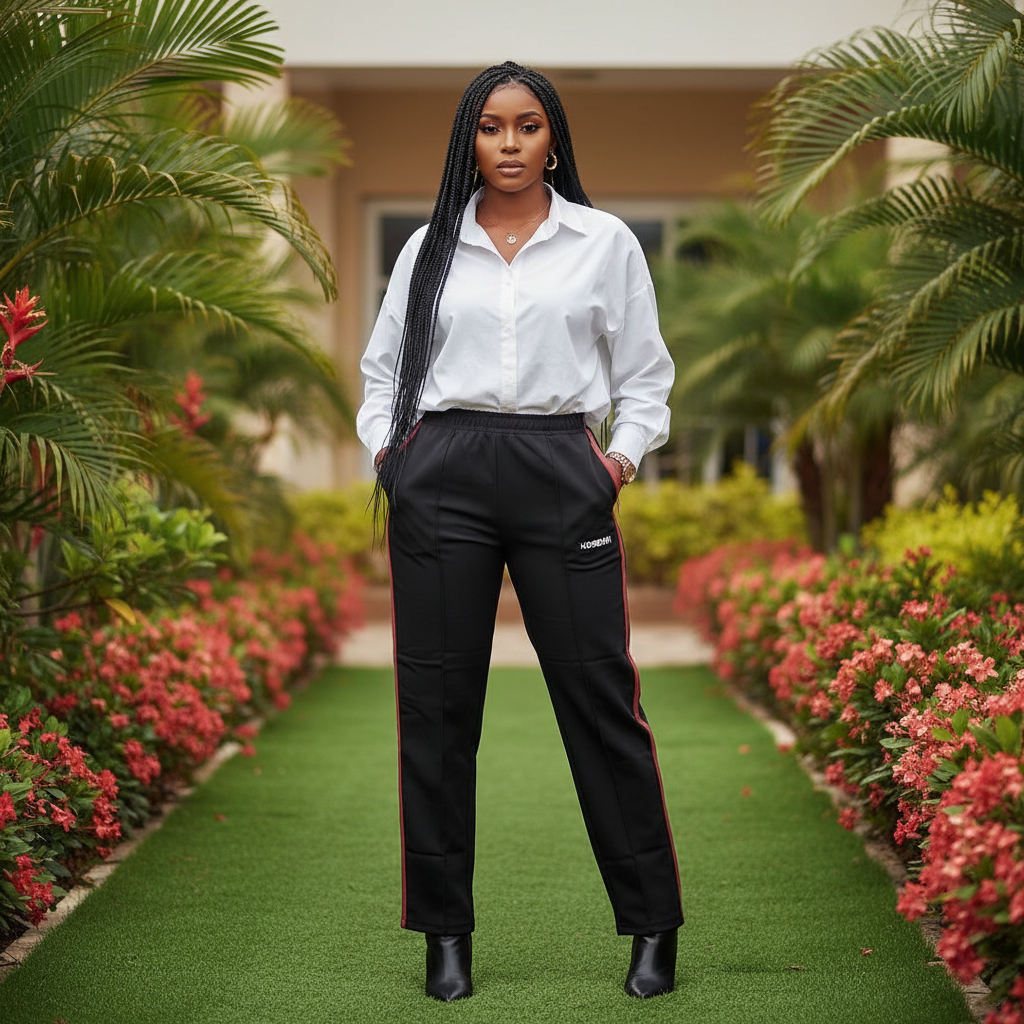 Model shot — Women's Black Trousers with Contrast Red Trim