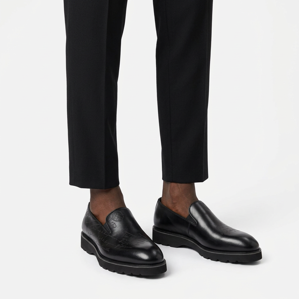 Glossy black script-detail slip-on shoes properly worn on both feet