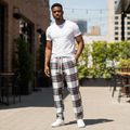 Nigerian model wearing White Multi-Colour Tartan Plaid Straight-Leg Drawstring Trousers