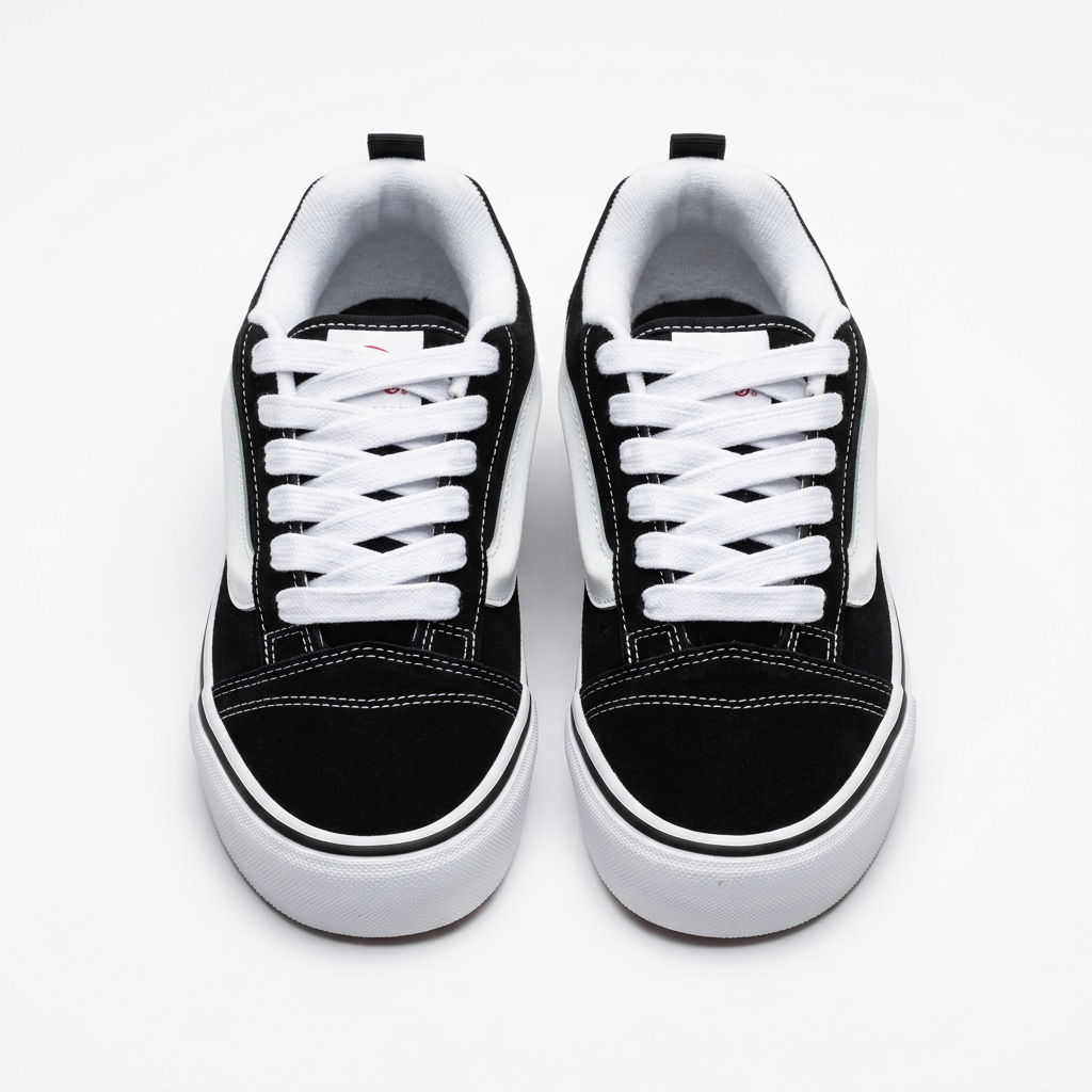 Front view of black and white low-top sneaker pair with contrast stitching
