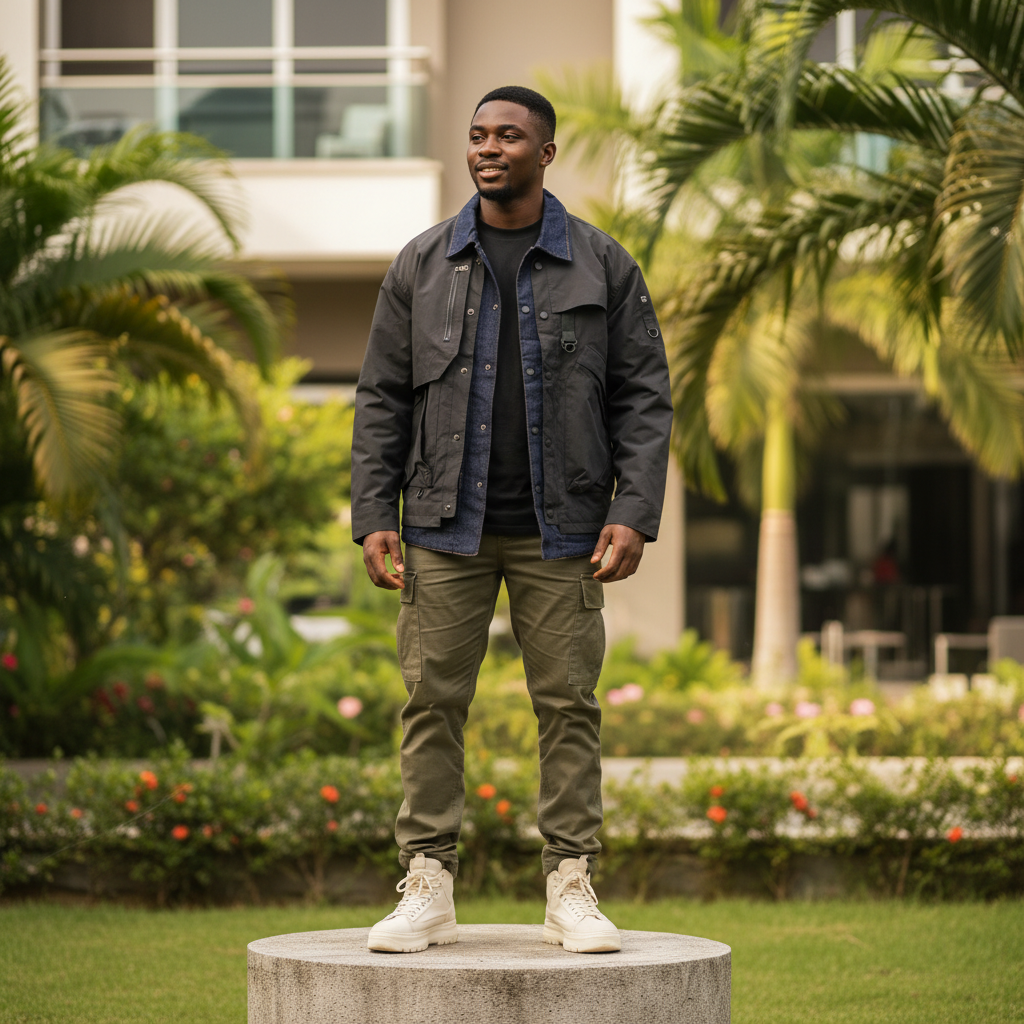 Nigerian male model wearing tactical utility hybrid denim jacket — full body street style