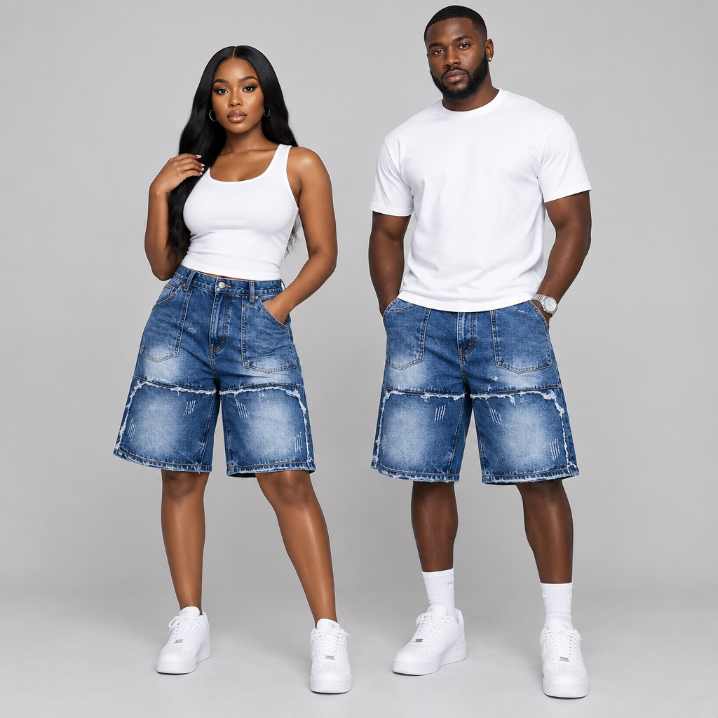 Woman and man together wearing medium blue raw-panel denim shorts
