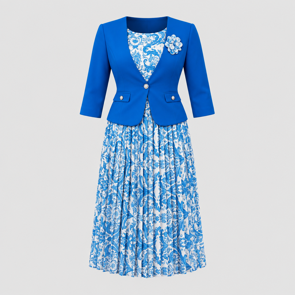 Blue patterned midi dress and fitted jacket set